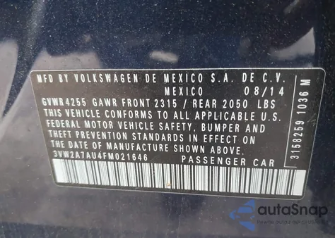 2015 Volkswagen Golf Tdi Se 4-Door из США, поврежденный, VIN 3VW2A7AU4FM021646